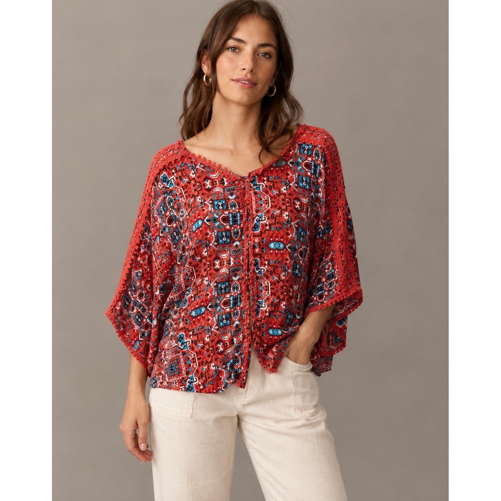 Ariat Top Large Red Geometric Crochet Trim Boho Western Festival Peasant Blouse
